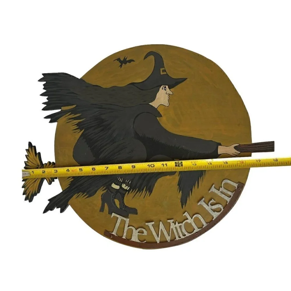 Primitives by Kathy Flying Witch on Broom Wood Wall Sign Plaque Folk Art Witchy